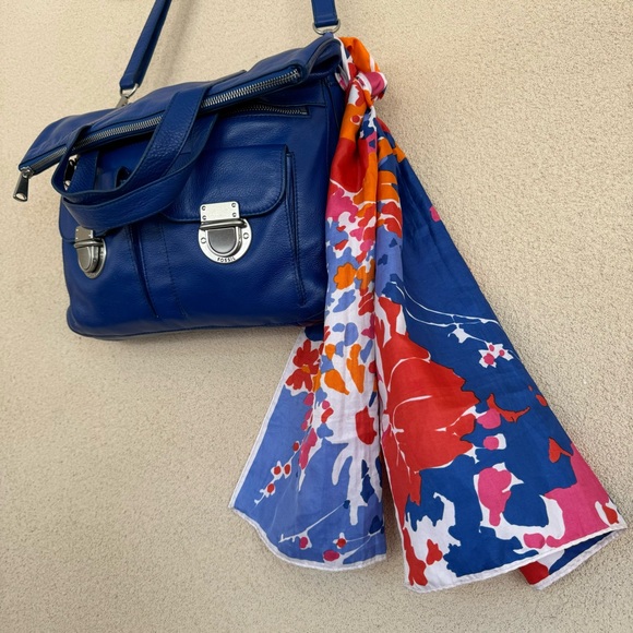 Fossil💙Riley Leather Large Fold Over Crossbody Satchel/Tote Bag w/Bow Scarf - Picture 4 of 15